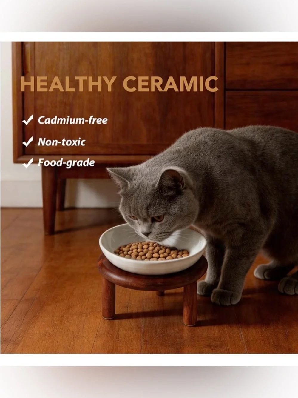 Set of two elevated bowls for cats on two adjustable heights on acacia platform